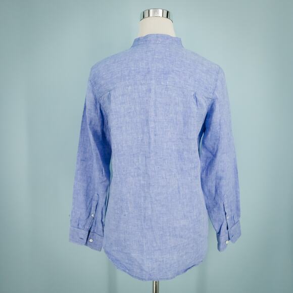 L.L. Bean Size Small S Petite Blue Mandarin Collar Button Long Sleeve Linen Top - Picture 2 of 6